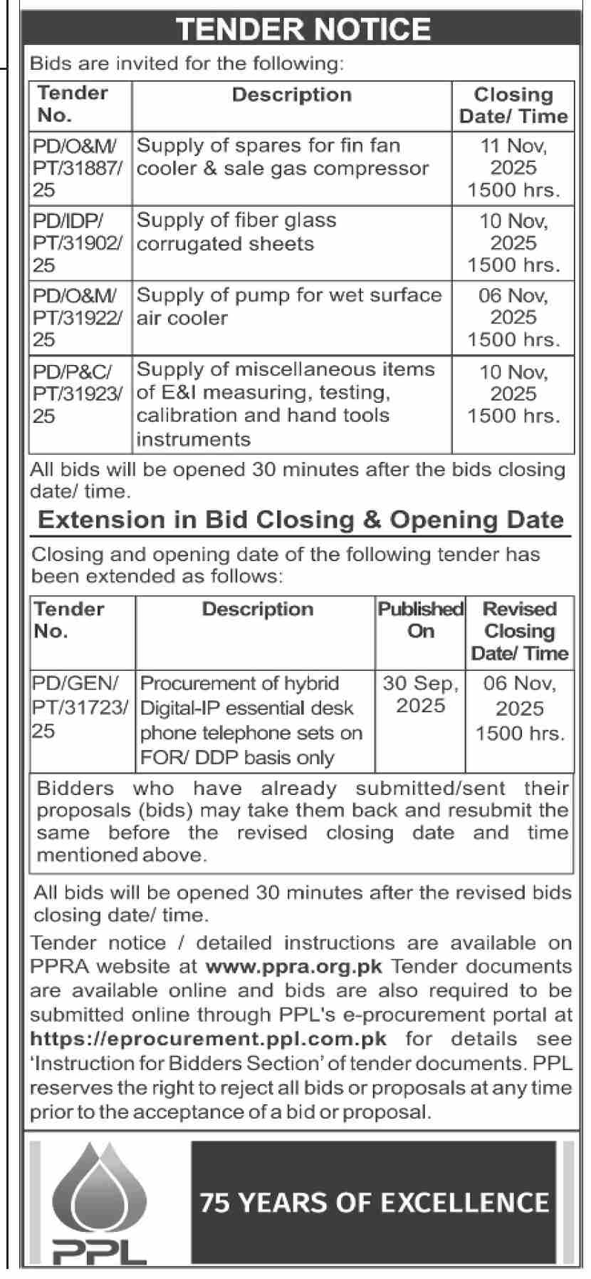PPL Tender Notice